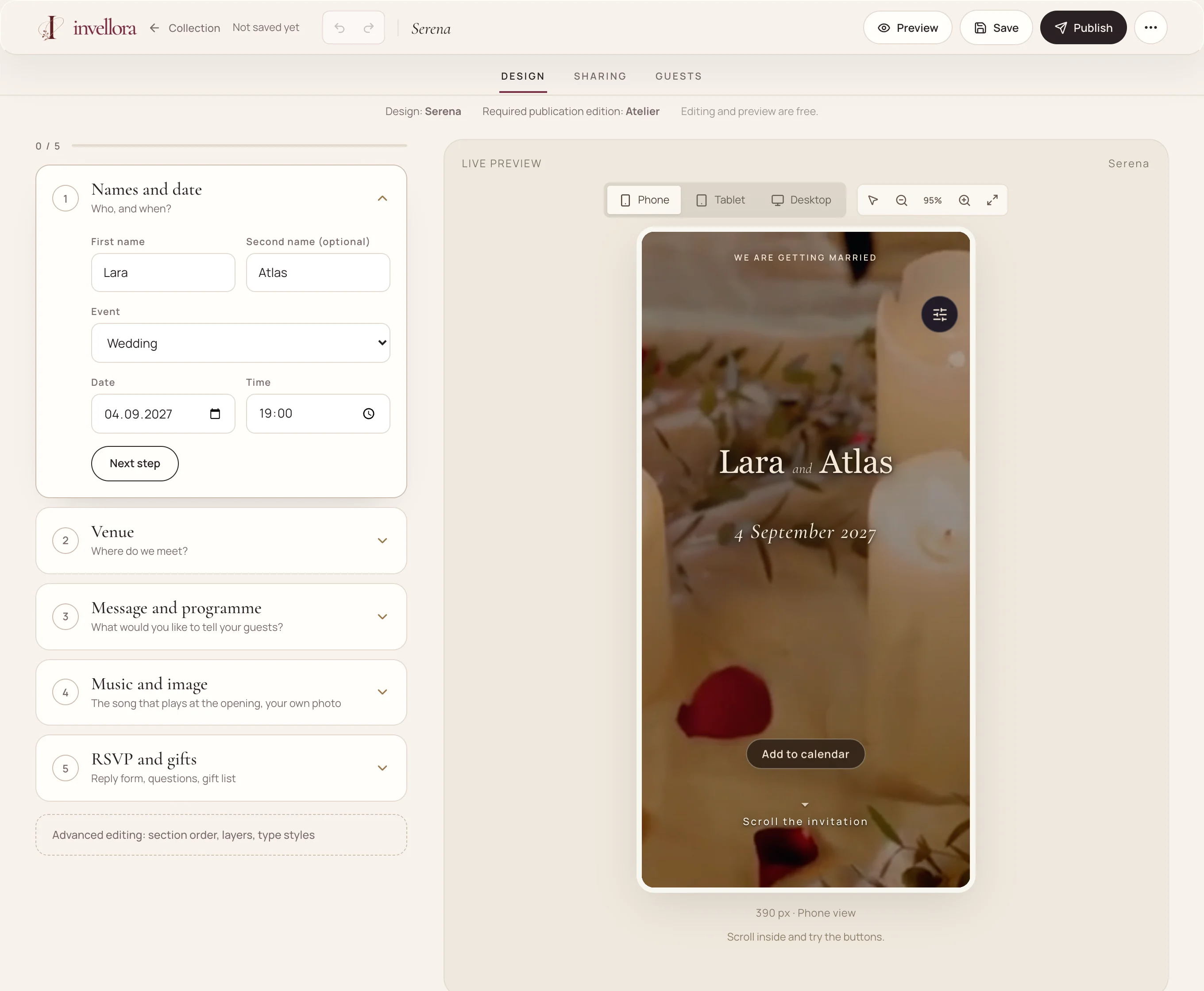 The Invellora studio: details on the left, live preview on the right